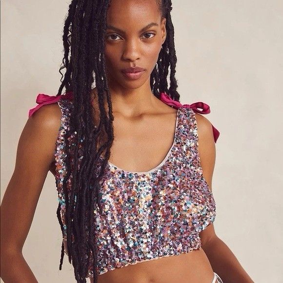 Intimately Free People Big Night Sequin Tie Shoulder Top M‎ Pink Crop Tank Bra - Picture 1 of 7